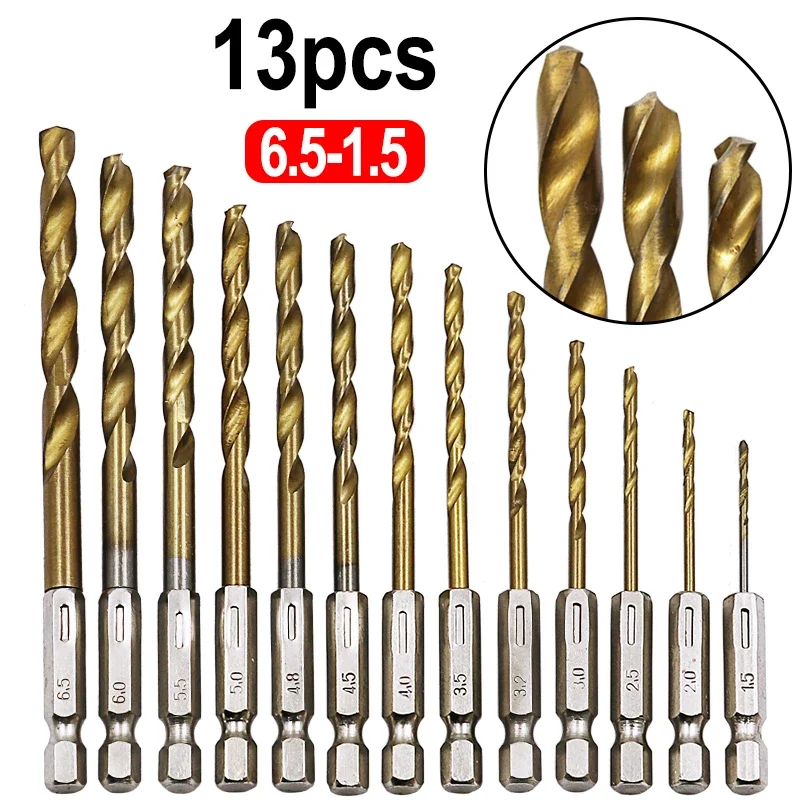

13Pcs HSS High Speed Steel Titanium Coated Drill Bit Set 1/4 Hex Shank 1.5mm-6.5mm Hexagonal Handle Twist Drill