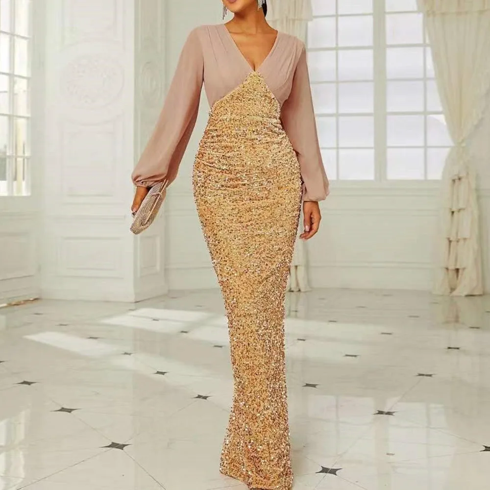 

African Dresses For Women Elegant Party Event Sequin Long Sleeve Stretch Luxury Formal Cocktail Africa Clothing Evening Dress