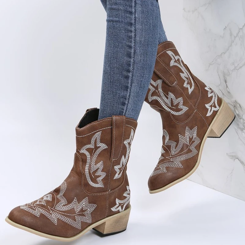 

Shoes for Women 2022 Fashion Trend Casual Comfortable Vintage Style Brown Pointed Toe Short PU Leather Boots Zapatillas Mujer