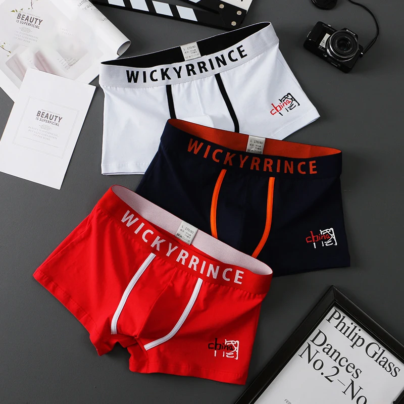 

High Quality Cotton Men's Boxer Underwear Fashion China Letter Print Belt Men's U Convex Pouch Breathable Male Panties Shorts
