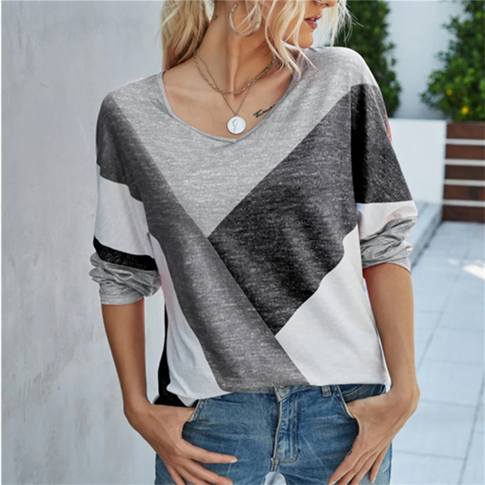 Lady V-Neck Long Sleeve Loose Patchwork Print T-Shirt Spring Autumn Casual Fashion Tops 2022 Women Pullovers T-Shirt Ropa Mujer