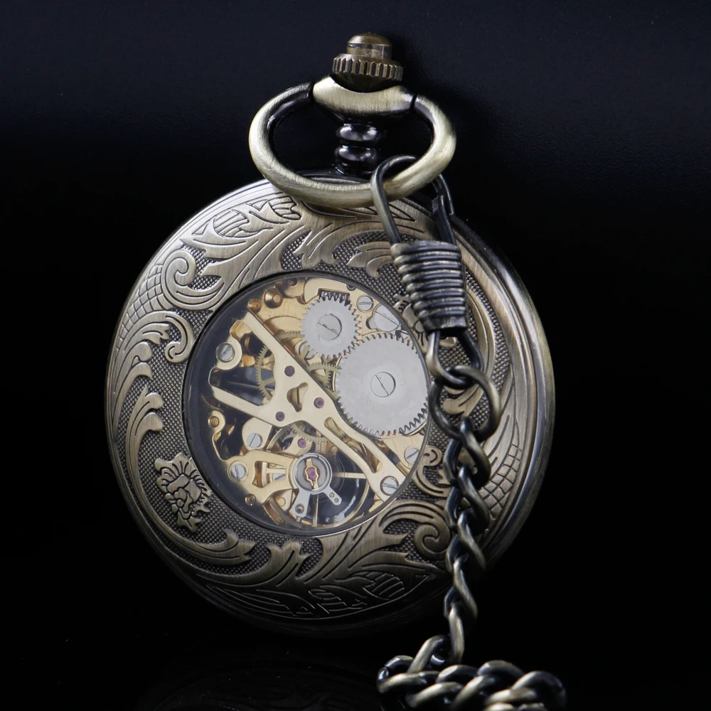 Antique bronze gear hollow mechanical manual pocket watch blue Roman digital skull dial pendant automatic antique clock
