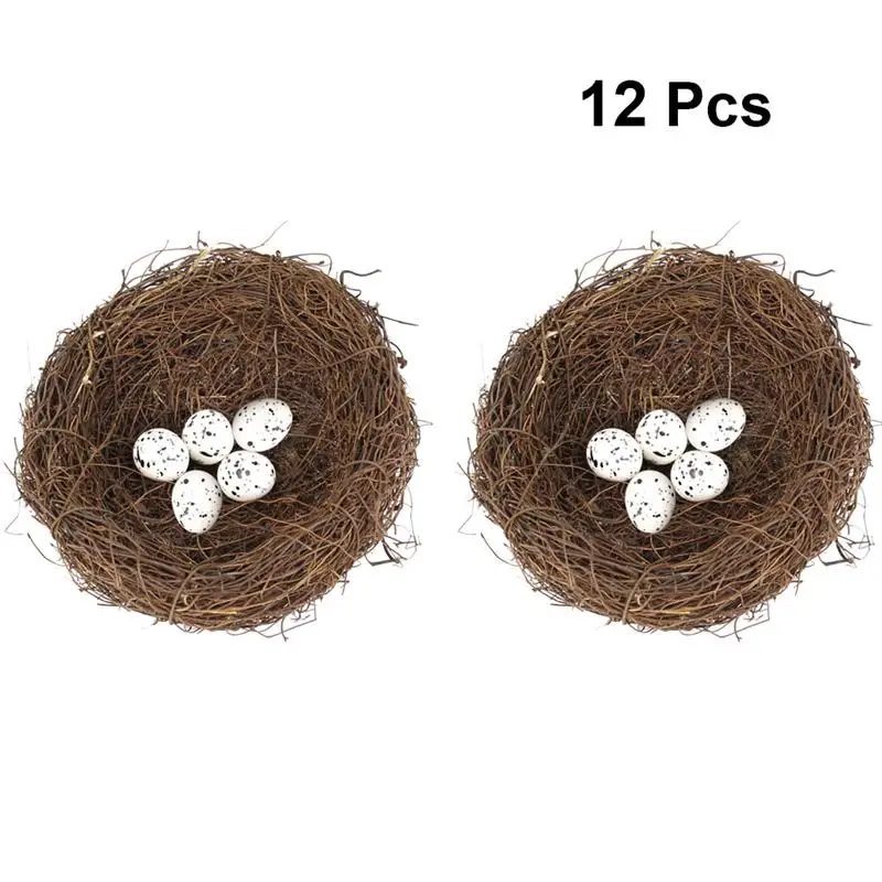 

12pcs Simulation Rattan Bird Nest Handicraft Easter Bird Egg Ornament Party DIY Decor (2pcs 15cm Bird Nest, 10pcs Bird Eggs)