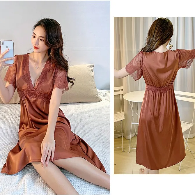 

Satin Sleepwear Lace Patchwork Nightdress Deep V-Neck Nightgown Lady Short Sleeve A-Line Loungewear Summer Loose Lingerie