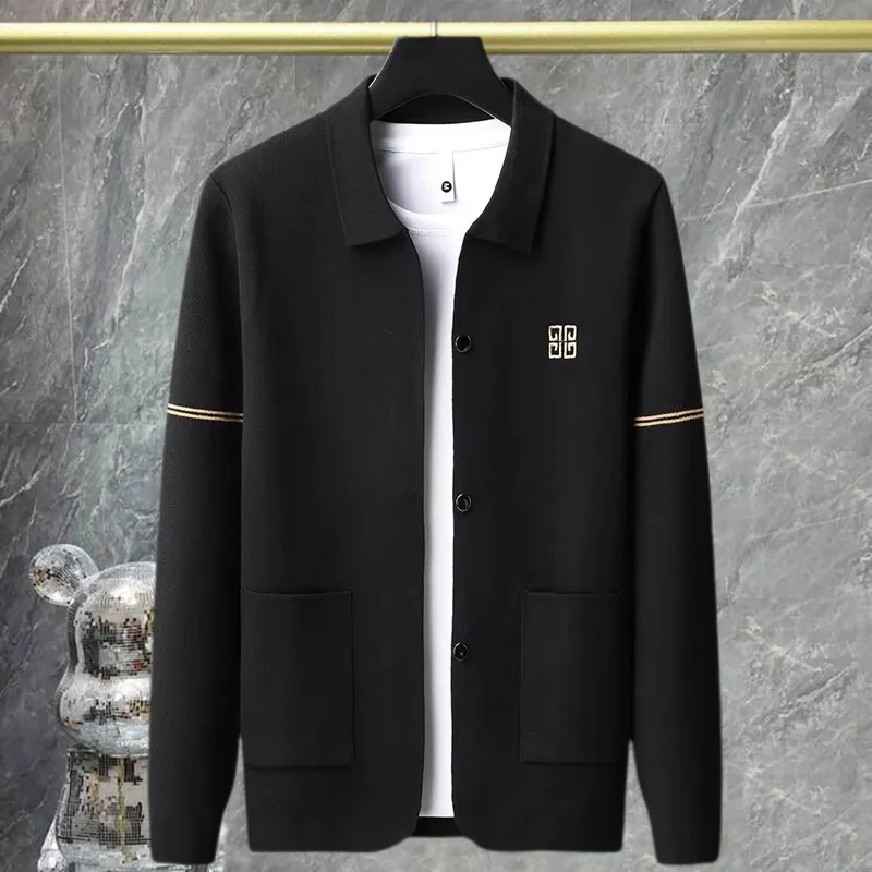 Декорированный линией кардиган свитер мужской вязаный с длинными рукавами осень