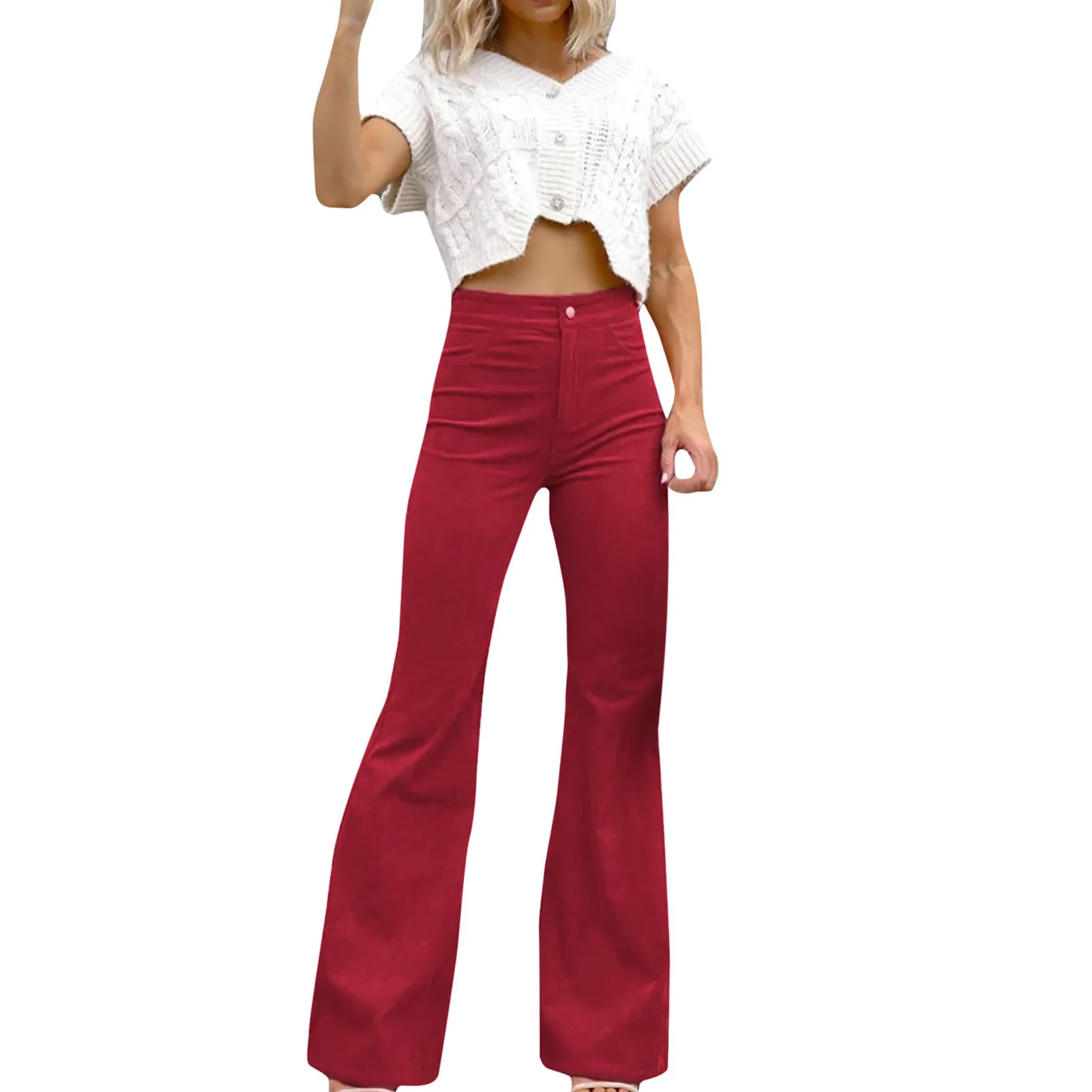 Women Pants Bell Bottom Bootcut Wide Leg Daily Fashion Casual High Waist Long Trousers Soft Solid With Pockets Corduroy