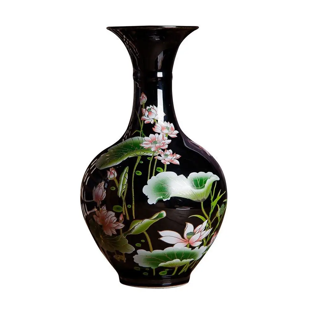 

Изысканная Китайская классическая старая ручная роспись черная фарфоровая ваза с лотосом