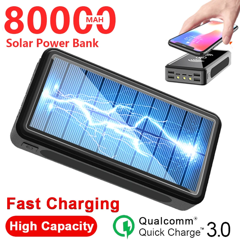 

80000mAh Wireless Solar Power Bank Fast Charger Portable Powerbank Outdoor Travel Emergency Charger for Xiaomi Samsung IPhone