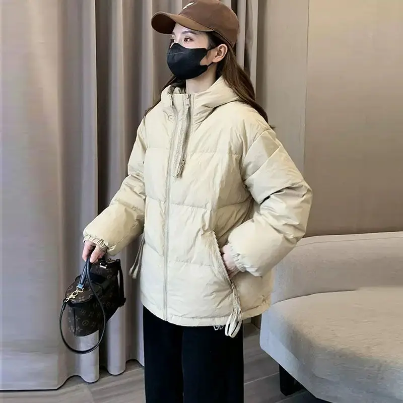 2023 Winter Women Loose White Duck Down Coat Vintage Tops Pocket Female Warm Hooded Puffer Jacket Outer Double Buttons M18