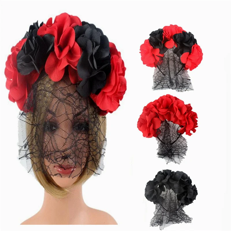 

Halloween Headband Ladies Girls Day of the Dead Red Rose Flowers Headdress Floral Hair band Party Cosplay Hair Accessories