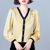 new summer autumn fashion embroidered blouse women long sleeve v neck satin shirt top woman clothes blusas mujer de moda 2022