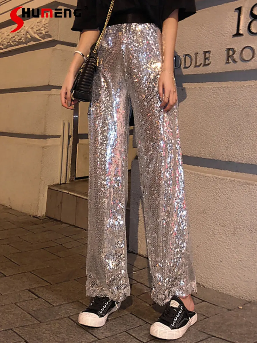 

2022 Autumn New Fashion Hong Kong Fashion Stylish Buling Shiny Casual Pants Women's Streetwear Sequin Casual Wide-Leg Trousers