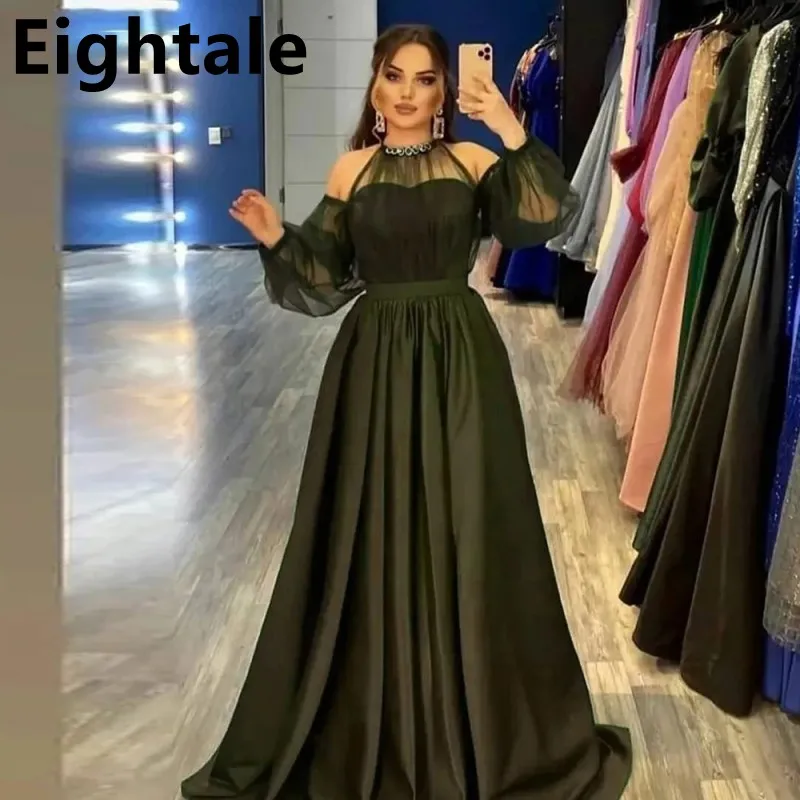 

Eightale Vintage Prom Dresses Satin Black Long Sleeves Tulle Evening Gown for Wedding Arabic Celebrity Party robe de soirée