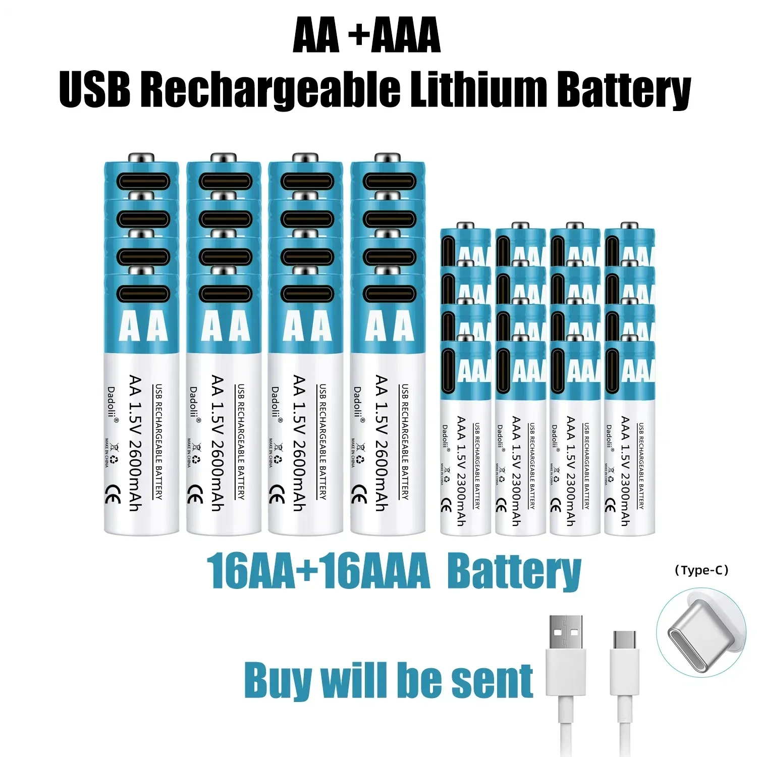 2024 AA AAA 1 5 в перезаряжаемая батарея 2600 мАч литий-ионная USB быстрая зарядка