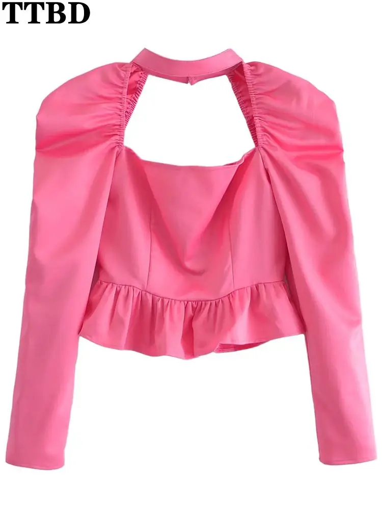 

TTBD blusas Women 2022 za sweet fashion hollow out ruffled crop traf blouses vintage long sleeve backless female shirts chic top
