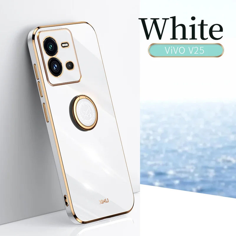 Luxury Plating Square Ring Holder Silicone Phone Case On For Vivo V25 V 25 Soft Phone Case Stand Back Cover