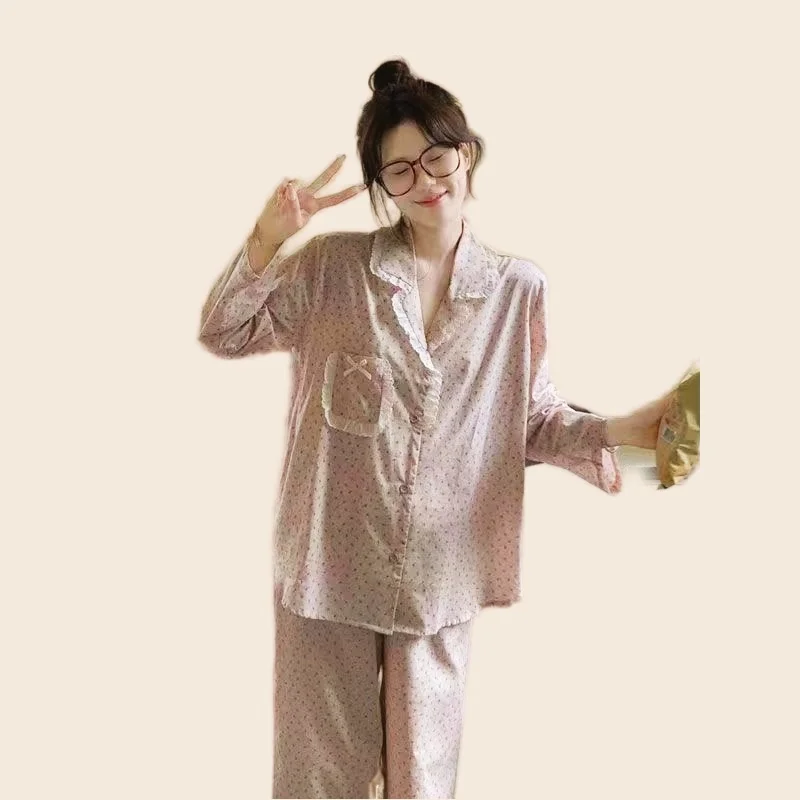 Women's Pajamas Set Sexy Lace Bow Flower Print Sweet Princess Spring Pyjama Loose Size Mom Homewear Cozy Sleepwear