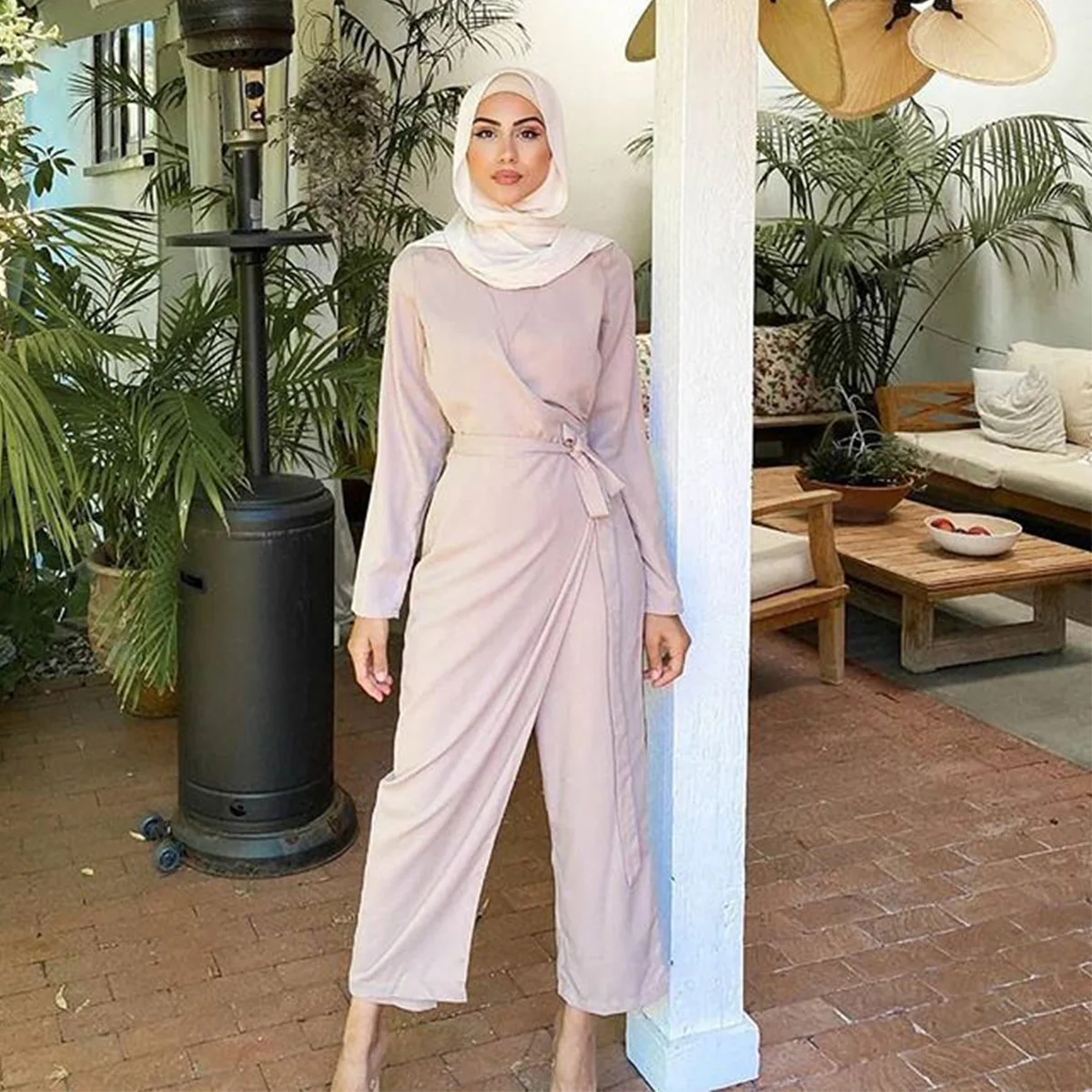 New fashion casual V-neck splicing one-piece wide-leg pants suit Muslim women suit Islamic ethnic prayer long skirt suit
