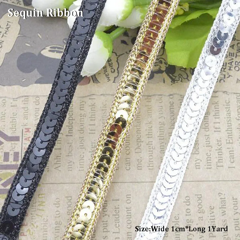 

1cm Wide HOT gold silver black sequin Embroidered flower lace fabric sewing DIY trim applique Ribbon collar dress guipure decor