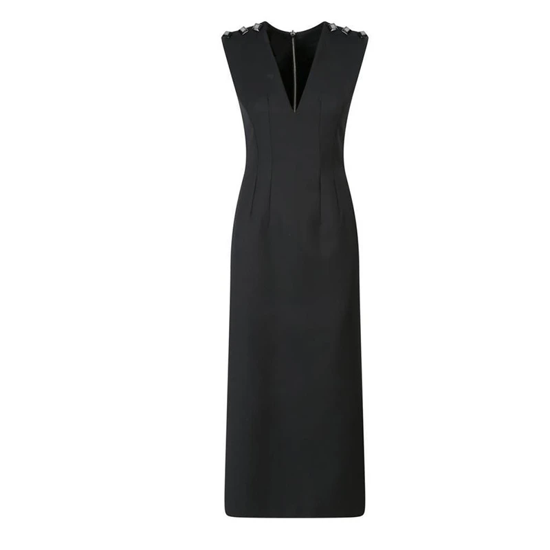 

2023 FW элегантное женское черное длинное платье, шикарное сексуальное платье без рукавов с V-образным вырезом и заклепками, модное тонкое однотонное платье