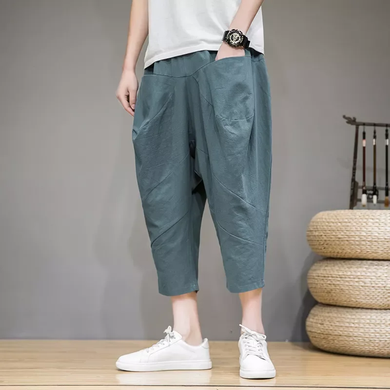 

Брюки-султанки мужские длиной до икры, хлопково-льняные мешковатые штаны в Корейском стиле, уличная одежда в стиле хип-хоп, 2022