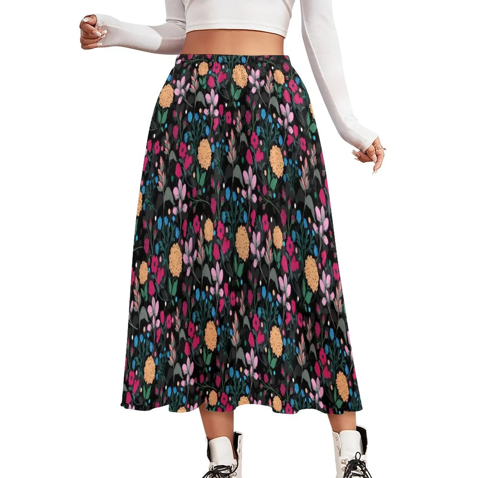 

Ditsy Floral Skirt Pink Yellow Elegant Long Skirts Elastic Waist Graphic Y2K Casual Skirt Big Size