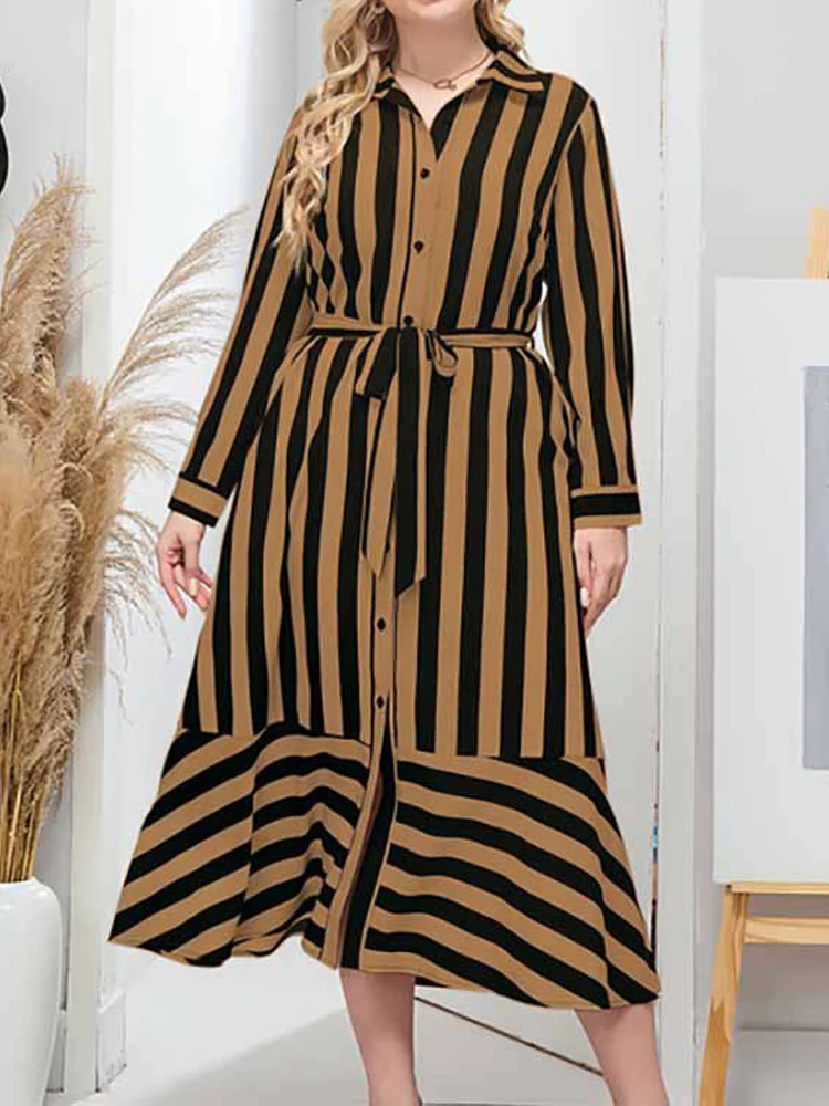 

Women Summer Long Sleeve Shirt Dress Plus Size Female Striped Print Ruffles Casual Dress Belted Maxi Long Dresses