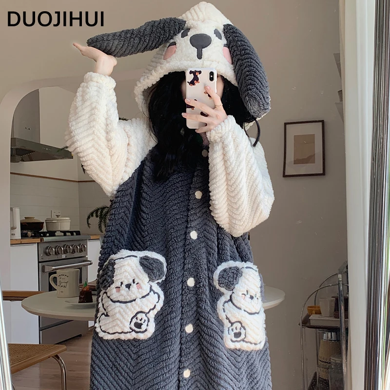 

DUOJIHUI Two Piece Lovely Pockets Hooded Chicly Robes for Women Set Winter Flannel Loose Simple Casual Thick Warm Bathrobe Women