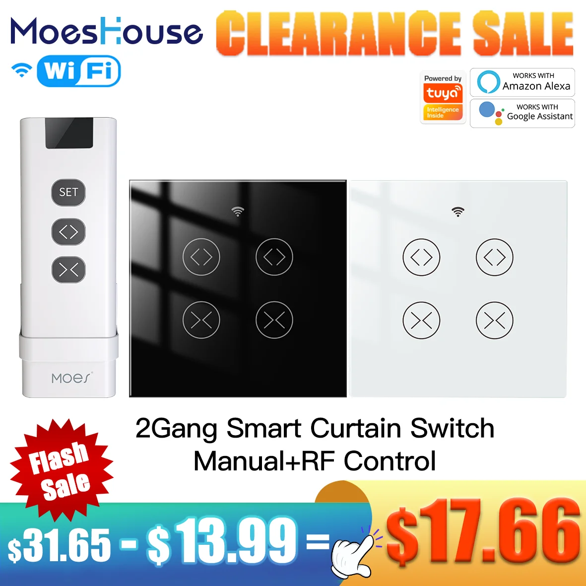 

MoesHouse Wi-Fi RF Tuya 2 Gang двойной занавес штора с переключателем для роликовых затвора Электрический мотор совместим с Google Home, Alexa-умному»