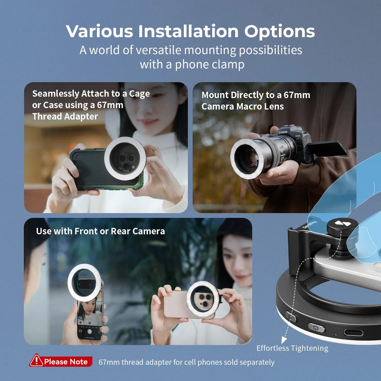 Фото SmallRig Vibe P30 Кольцевая светодиодная видеолампа 67 мм, двухцветная лампа с высоким содержанием CRI ≥90, совместимая с креплениями для телефонов 67 мм/футлярами/линзами 487 №2
