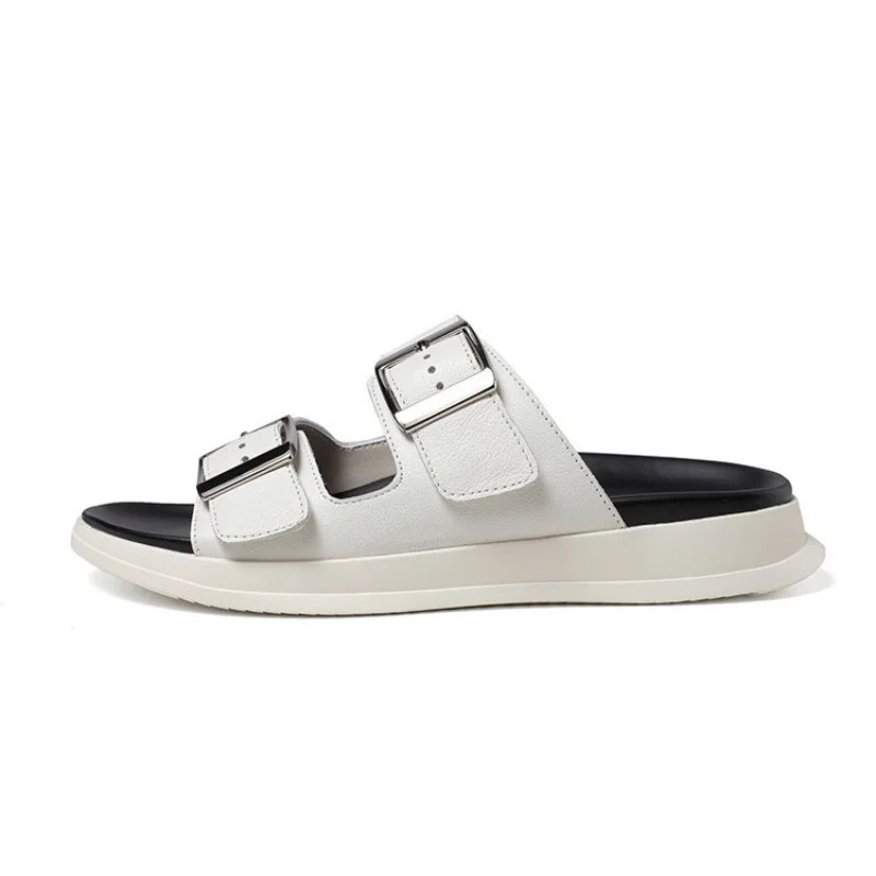 

Leather Genuine Buckle Summer Mens Outdoor Slippers Personality Casual Sandals Slides Brand Breathable Black White Beach Shoes