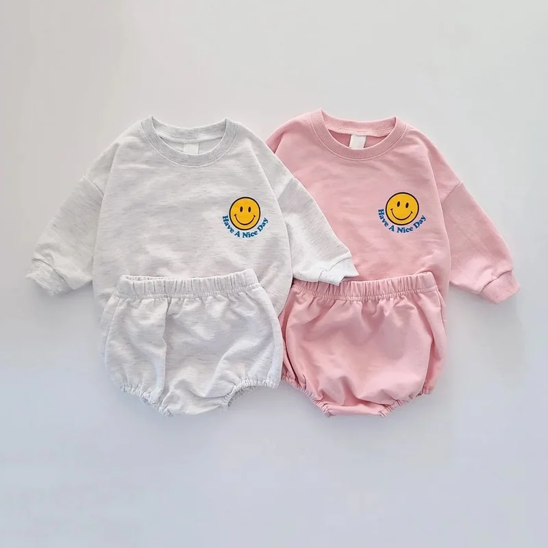 

2022 Autumn Baby Clothes Set Toddler Girls Outfits Smiley Face Print Tops Sweatershirt+PP Short Pants 2Pcs Boys Set