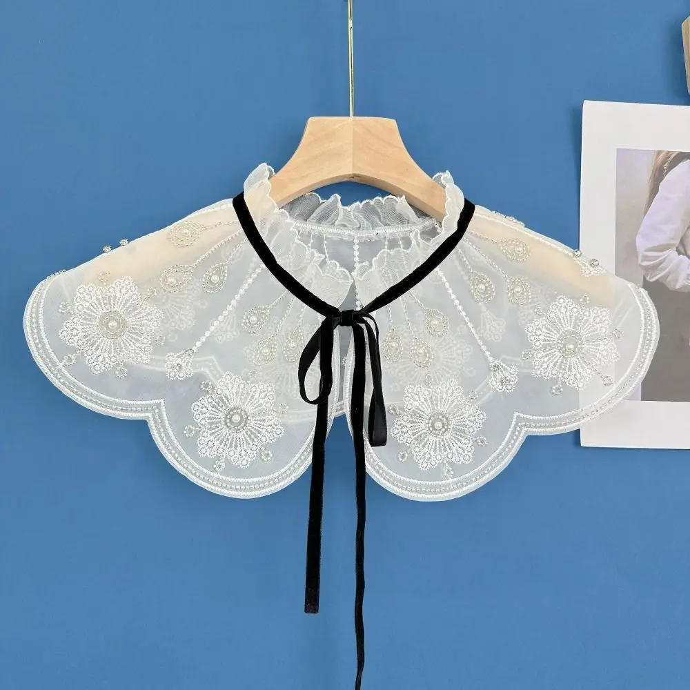 

Doll Collar Lace Fake Collar Bow Ruffled Embroidery with Pearls Women/Girls