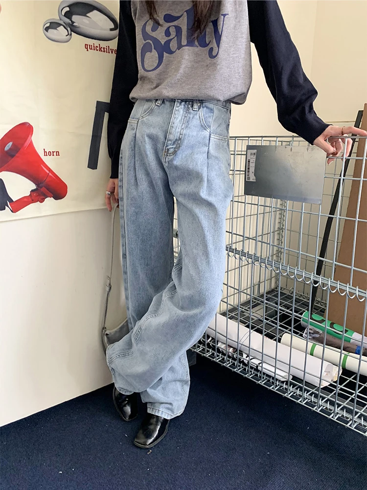 

Classic Blue Straight Jeans Women 2022 Fashion Simple High Waist Baggy Wide Leg Denim Trouser Lady Vintage Loose Jean Pants