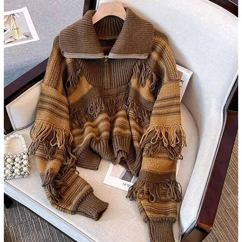 Весенне-осенний новый женский модный свободный вязаный ретро полосатый свитер с