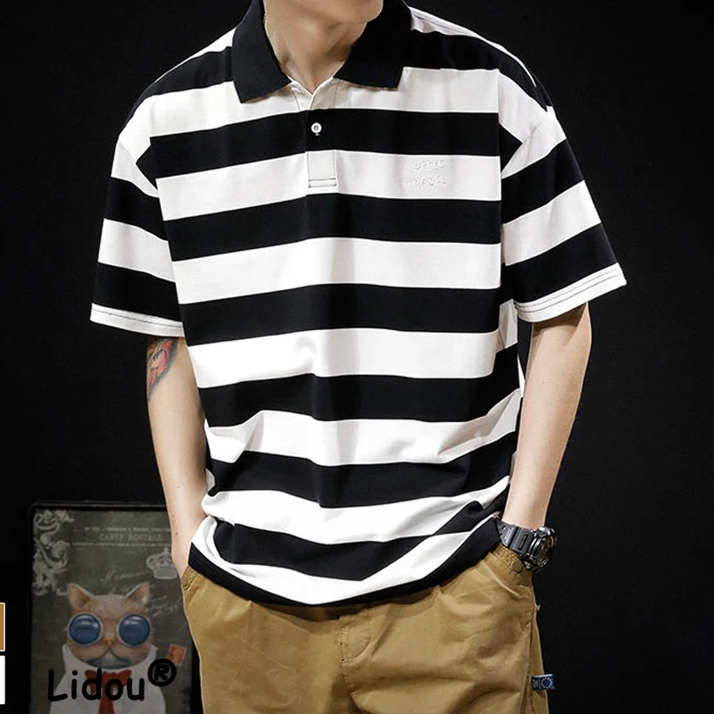 

Fashion Loose Stripe Polo Shirt Man T-shirt Summer New High Quality Short Sleeve Streetwear All-match Casual Male Top 2022