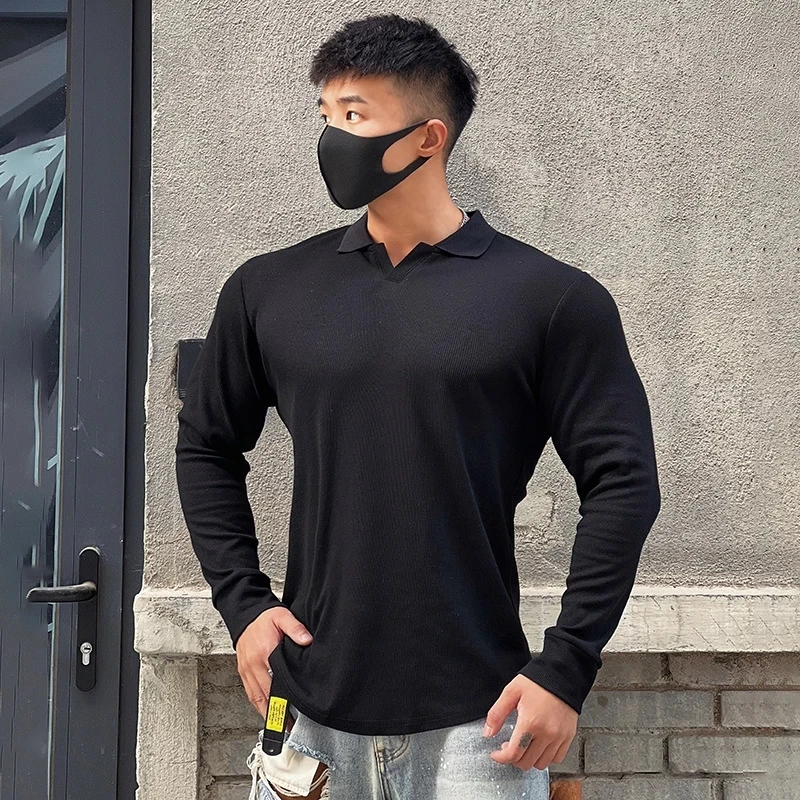 

Men Tee Shirt V-neck Turndown Collar Long Sleeve Elastic Cotton Tee&Tops Stylish T-shirt 2022 Autumn Casual Solid Male Clothing