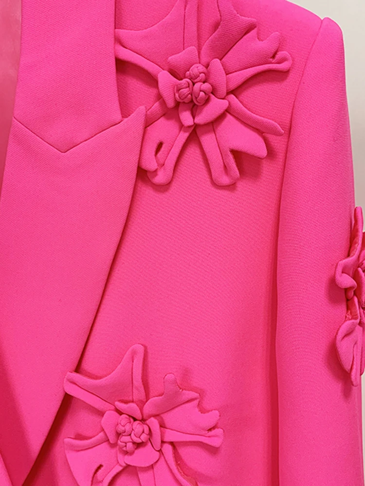 ZJYT Luxury 3D Flroal Long Blazers for Women Jacket Coat Autumn Winter Turn Down Collar Party Office Outerwear Elegant White