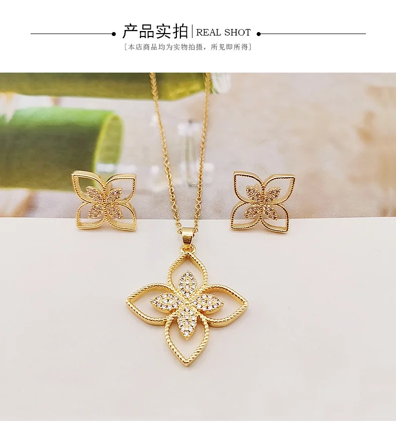 

Fashion New Romatic Women's Sweet 2 Pcs Necklace & Earrings Set Flower Clover Design Hollow Out Jewelry Set Accessory For Girl