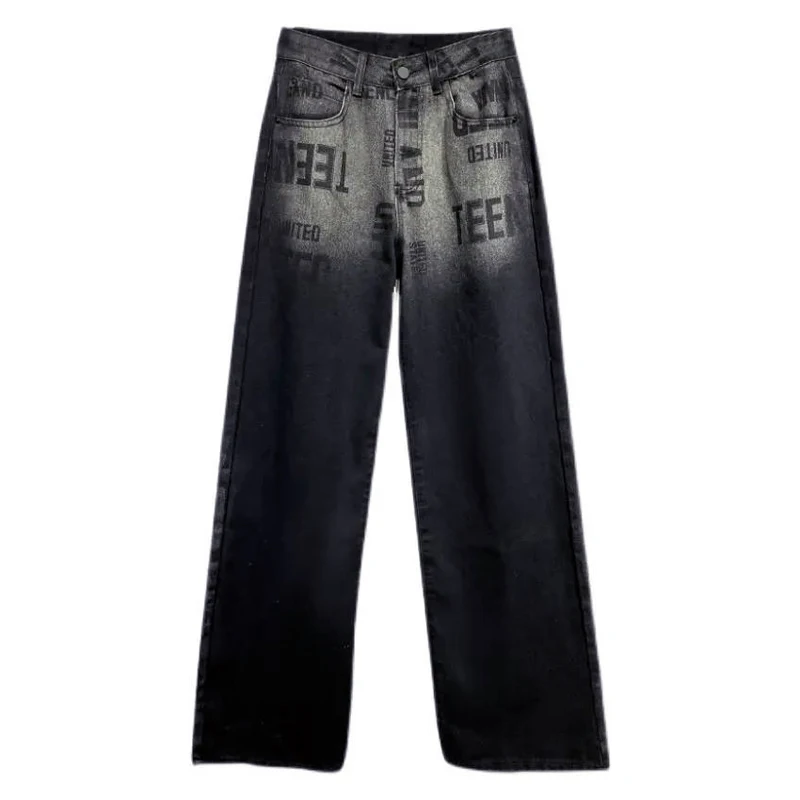 

High Street Jeans Ins Streetwear Hip Hop Graffiti Letter Print Denim Trousers Women's Men's Vinatge Washed Straight Wide Leg