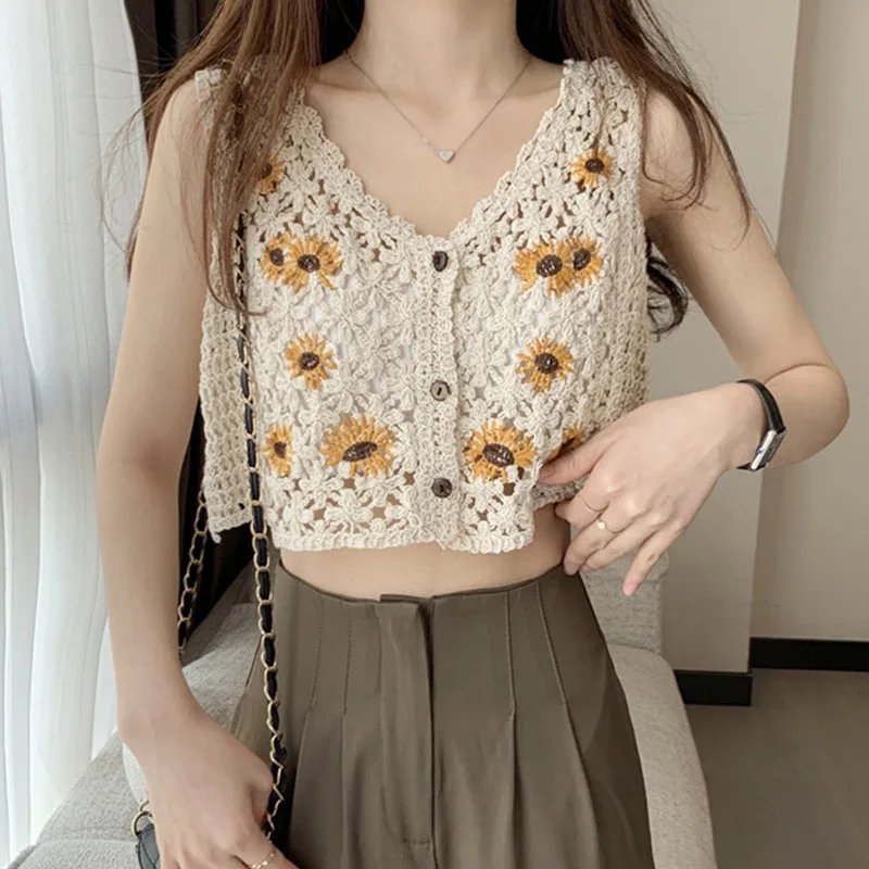 

Summer New Fashion Women's Retro Daisy Knitted Vest V-Neck Tank Top Handmade Cotton Soft Tank Hollow Outon