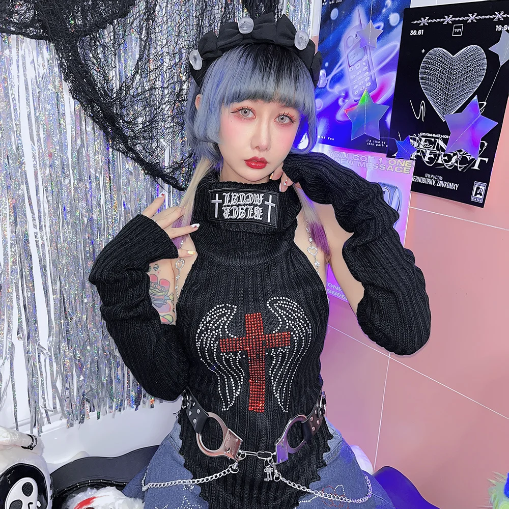 

Fashionable new style high collar backless label hot drilling sexy solid color irregular women's woolen top with sleeves