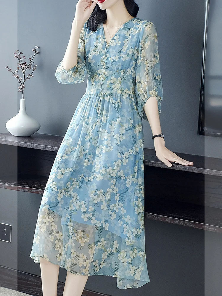 

mulberry Silk dress, spring and summer Hot Sale, new silk crepe de Chine, medium sleeve, floral large hem, covering the belly