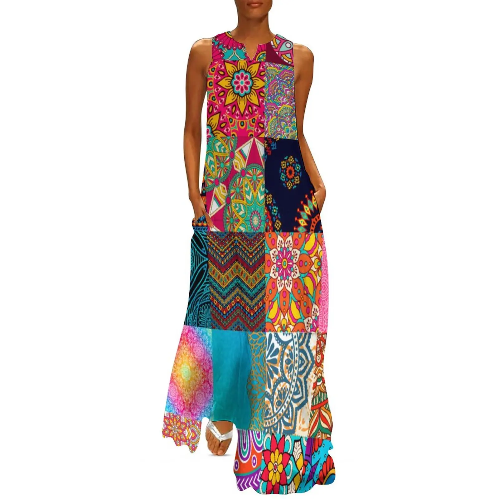 

African Print Patchwork Dress Vintage Bohemia Kawaii Maxi Dress Aesthetic Bohemia Long Dresses Ladies V Neck Oversize Vestido