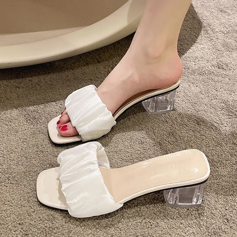 

Shoes Woman 2022 Female Slippers Luxury Slides Heeled Mules Jelly Flip Flops Square heel Low New Designer High Glitter Summer Fl