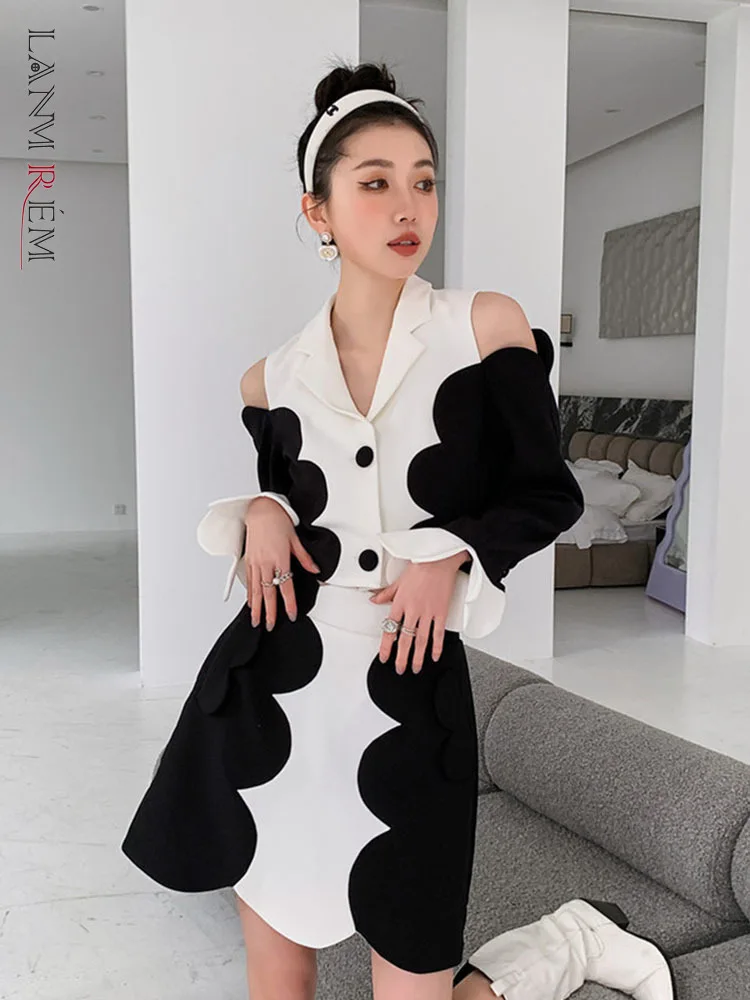 

LANMREM цветочный лоскутный блейзер для женщин с открытыми плечами с зубчатым воротником с длинным рукавом милые топы Мода 2022 ВЕСНА Новинка 2N656