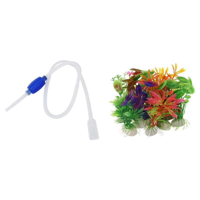 

10 Pcs Mixed Artificial Aquarium Fish Tank Water Plant & 1 Pcs Aquarium Fish Tank Siphon Vacuum Water Pump