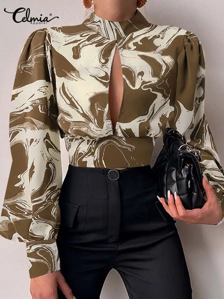 

Celmia Bandage Waist Printed Blusas Puff Sleeve Party Fashion Sexy Chest Hollowing Blouses Backness Streetwear Women Short Tops