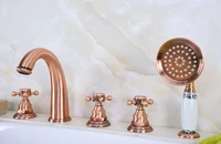 antique red copper brass three cross handles deck mounted 5 holes bathroom tub faucet mixer tap with handshower mtf240
