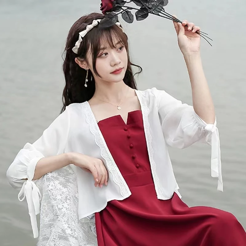 French sle Lace Shawl Lace-up Chiffon Women Thin Summer Matching Sling Skirts Outdoor Sun Protection Cardigan Out... |